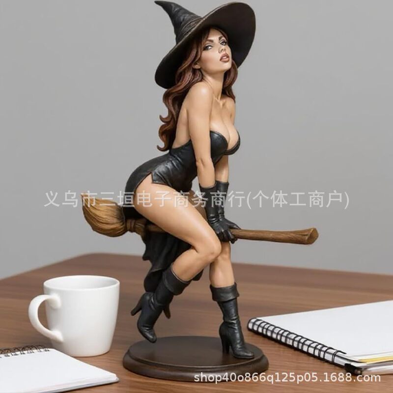 跨境新品万圣节Sexy Witch Bookshelf Statue骑魔法扫帚女巫雕像|undefined