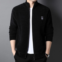 仿雪貂绒毛衣外套纯色加绒加厚针织衫中年男士保暖毛衫潮雪