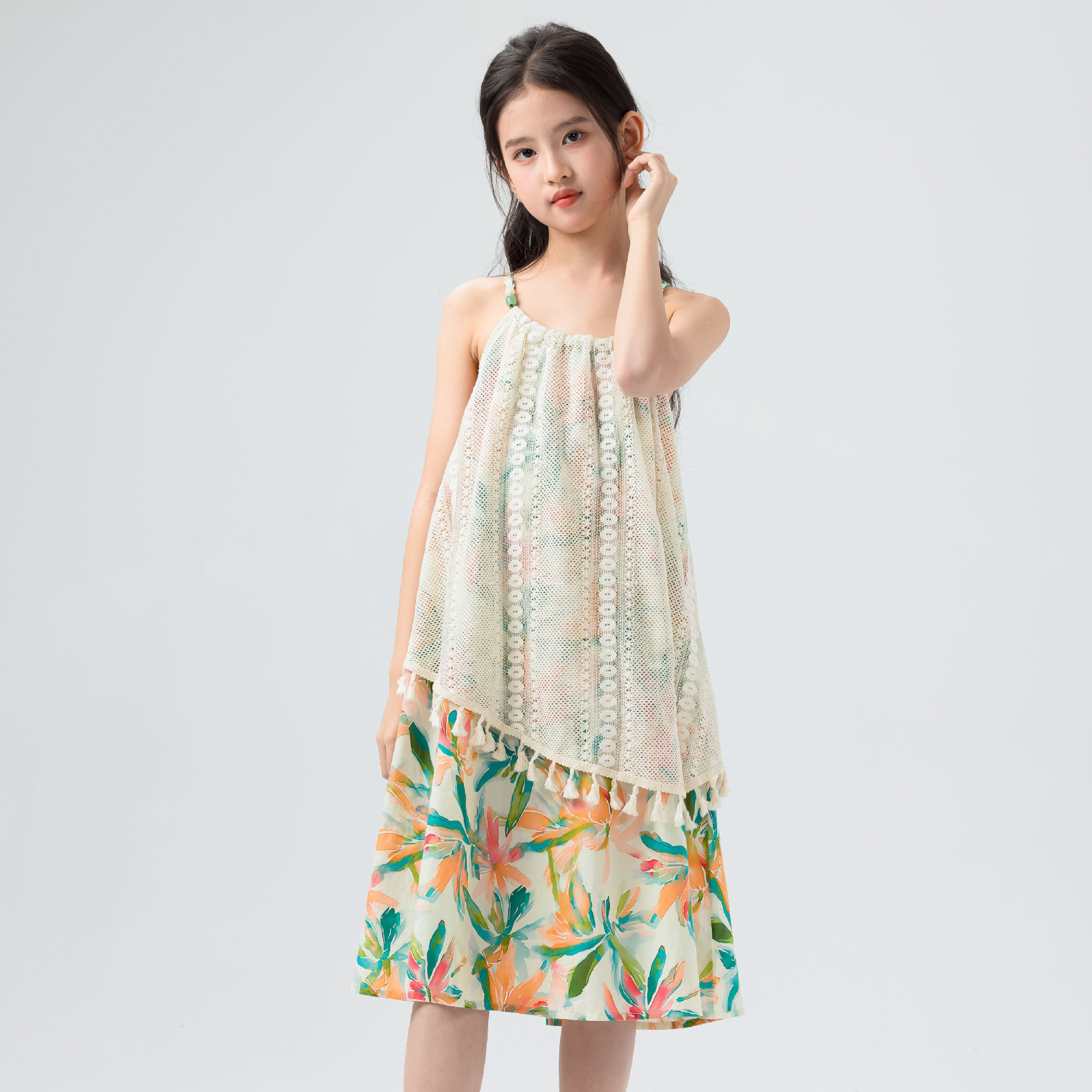 Girls Suspender Dress Summer New Trendy Kidsren's Fake Two-Piece Cut Out Skirt Summer Dress Girl Beach Skirt Fashionable