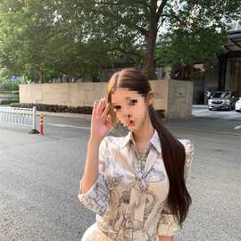 复古老钱风印花衬衫女装秋季长袖缎面衬衣设计感收腰修身气质上衣