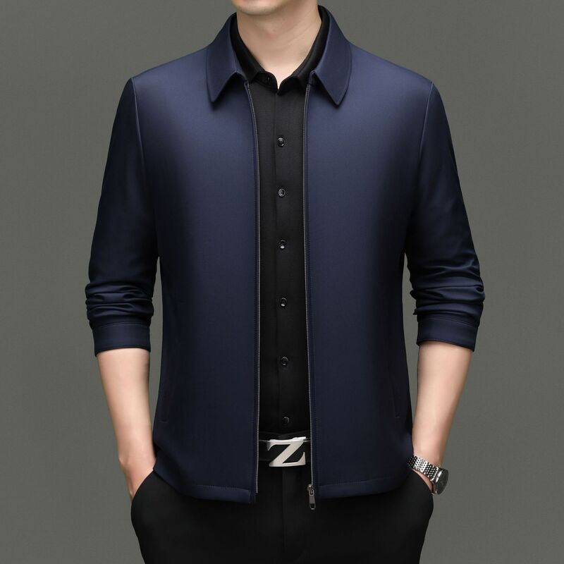 High-End Spring and Autumn Thin Men's Silk Jacket for Middle-Aged and Elderly Dads, Lapel Coat, Business Casual Top