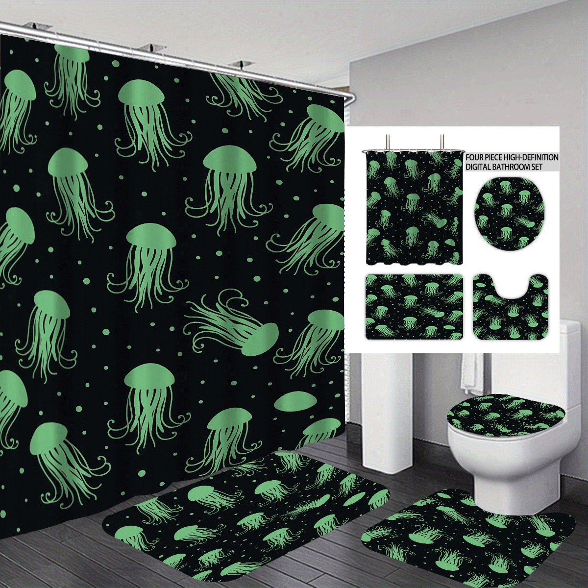 Temu cortina de baño impermeable personalizada serie de elementos marinos 3D impresión poliéster cortina de baño de cuatro piezas fábrica image 24