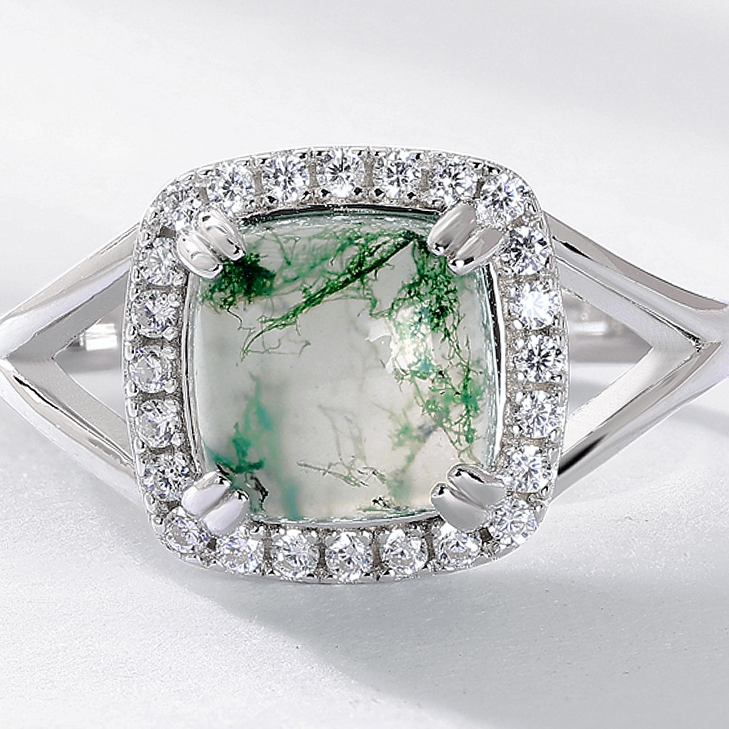 Nuevo estilo transfronterizo de torre de azúcar, anillo de ágata de hierba de agua natural S925, joyería de piedra de musgo verde plateado, estilo simple europeo y americano