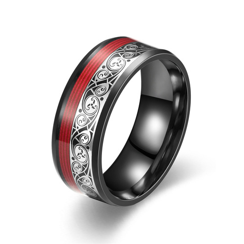 New Daihao stainless steel men's and women's jewelry 8mm wide titanium steel curved electric black inlaid guitar string ring
