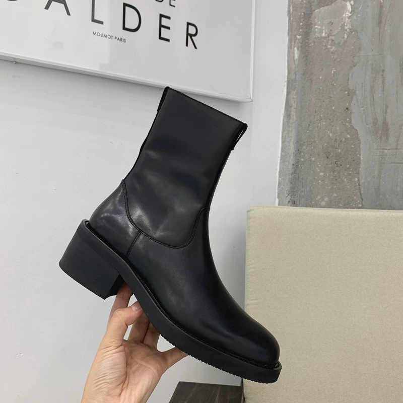 2025 новая модель доступна для оптового развития без этикетки ANN классические короткие ботинки из натуральной кожи на среднем каблуке с круглым носком и толстым каблуком, ботильоны телесного цвета