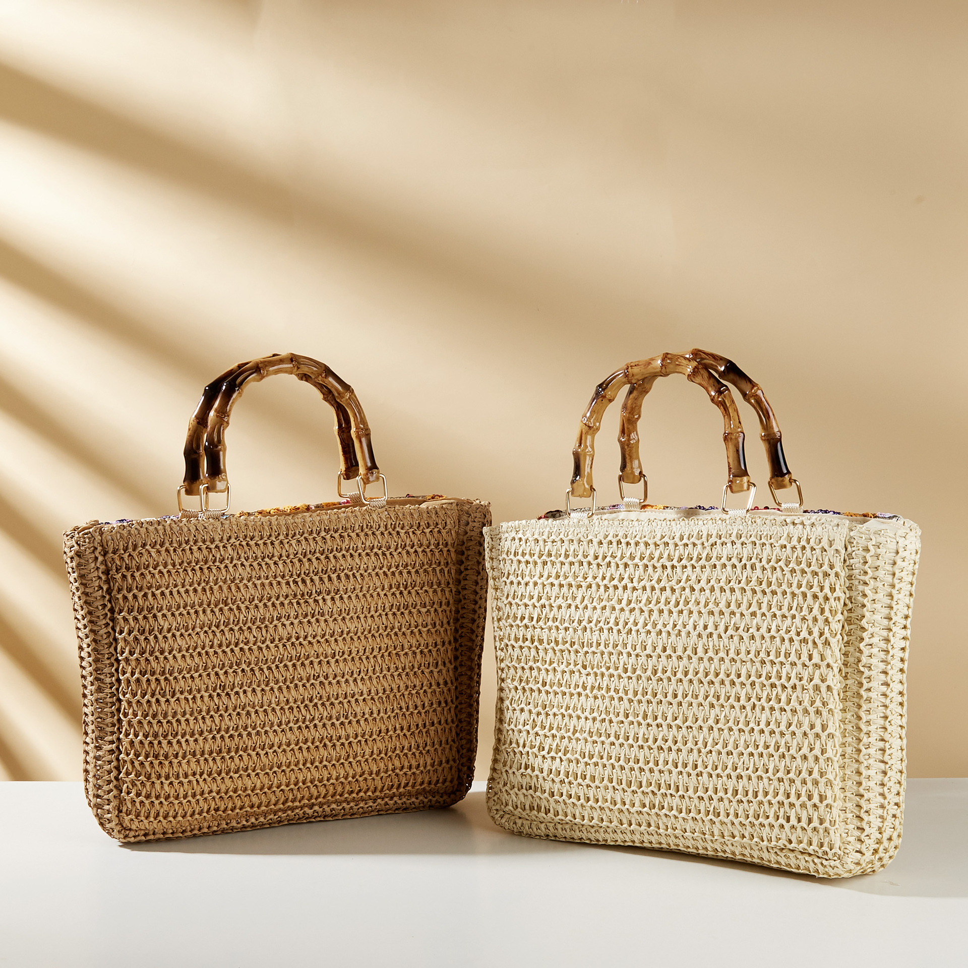 Straw Bag Bags Type Casual, Holiday Occasion Women's Paper Color Block Stripe Vacation Beach Square Zipper Straw Bag