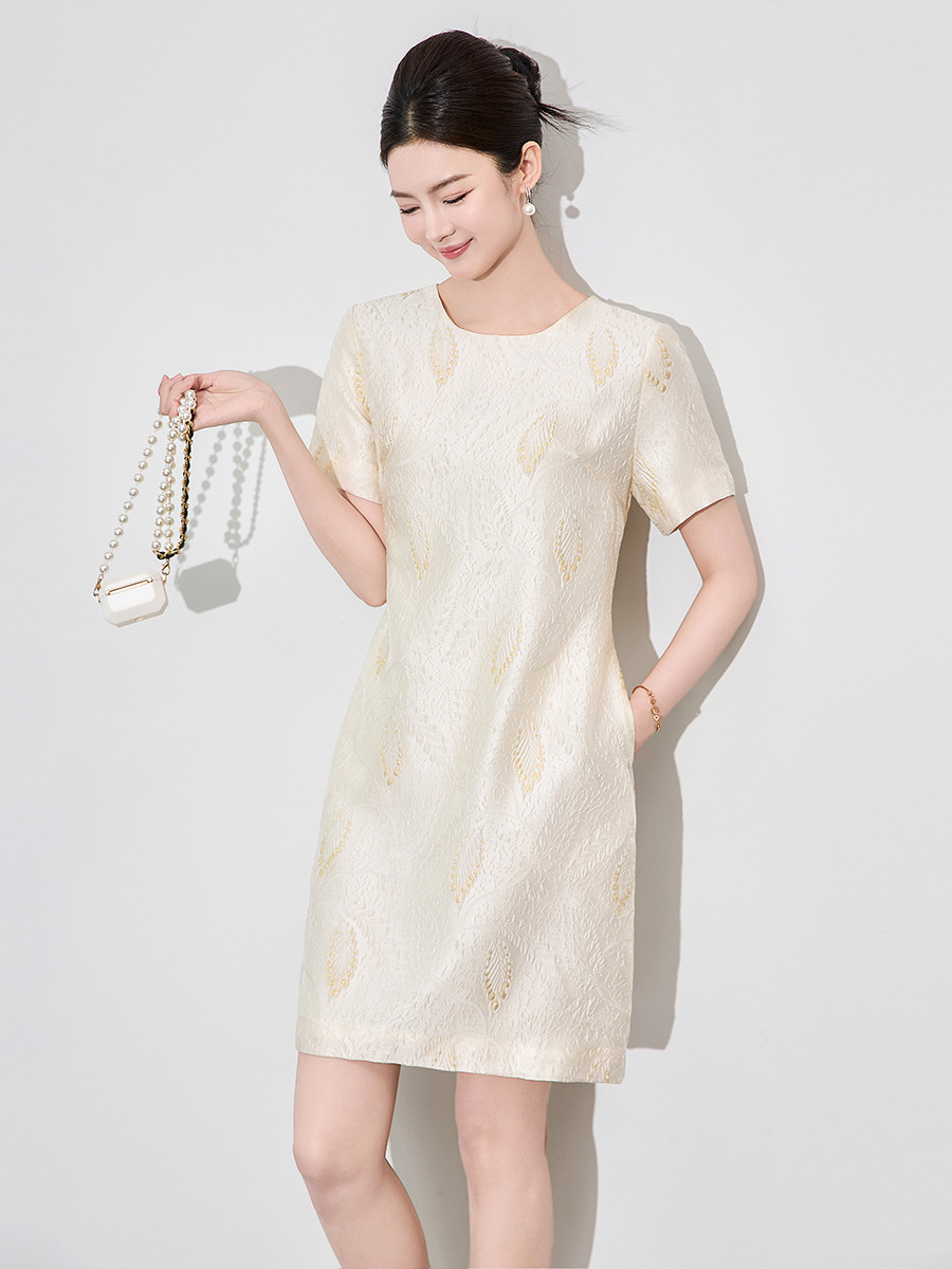 Váy ngắn tay nữ họa tiết jacquard mạ vàng phù điêu thanh lịch — Màu xanh lam