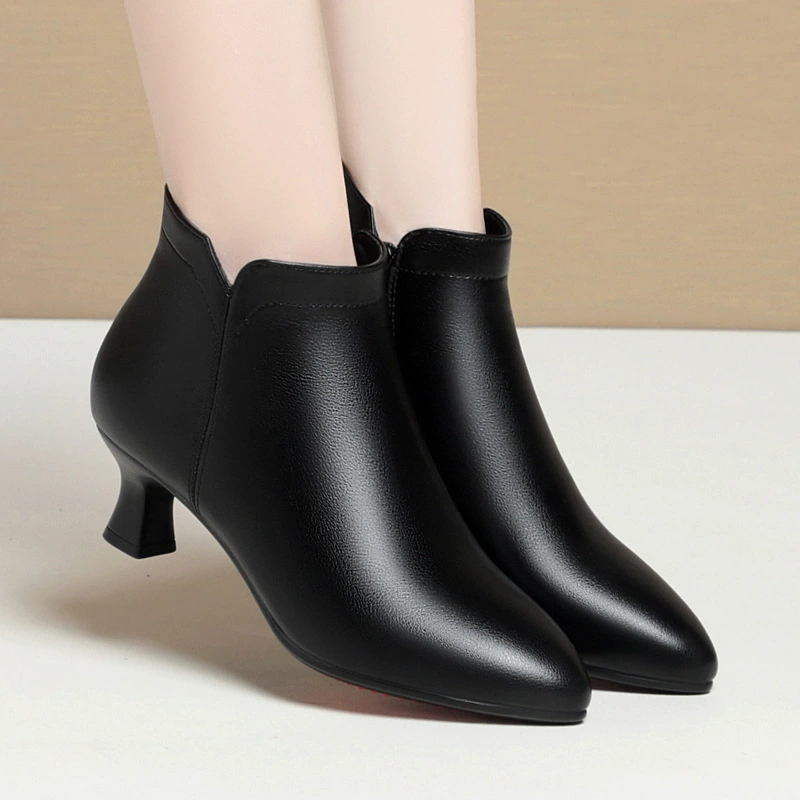 Ботильоны на шпильке с острым носком, женские черные Нескользящие, грязеотталкивающие туфли на среднем каблуке, осенне-зимние рабочие туфли на кошачьем каблуке, маленькие сапоги на низком каблуке, женские сапоги из мягкой кожи