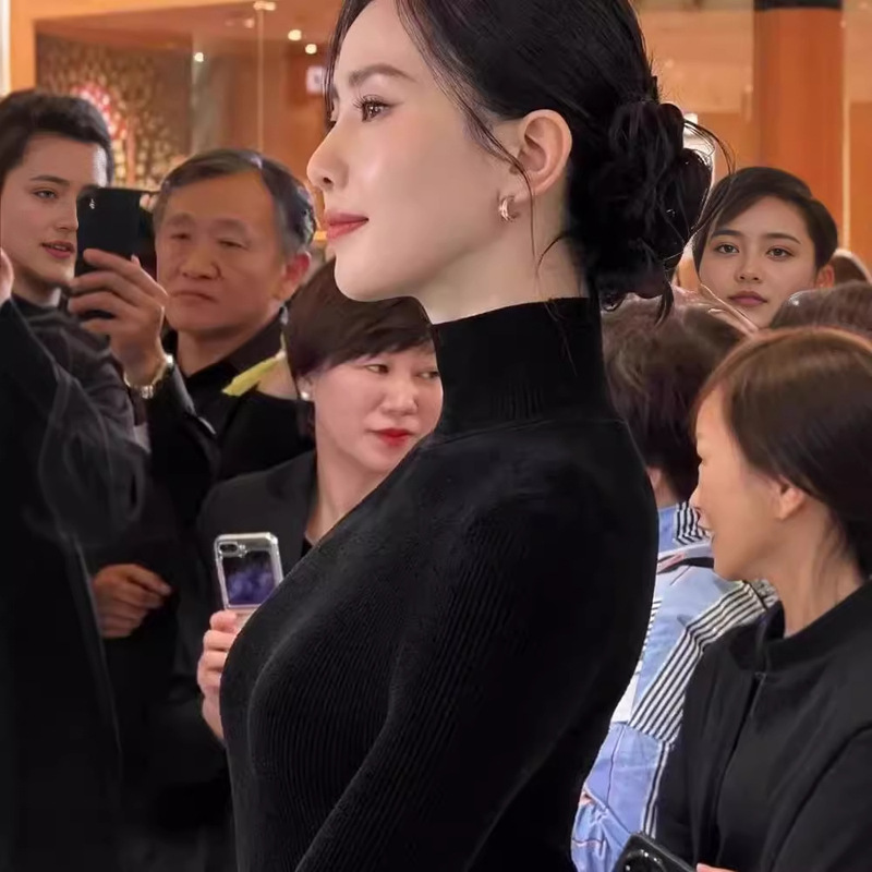 Liu Shishi Style Women's Black Base Shirt 100% Wool Turtleneck Tight-Fitting Top Long-Sleeve Slim Fit