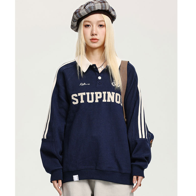 American Style Retro College Style Waffled POLO Collar Sweat Women's Loose Casual Couple's Striped Raglan Sleeve Top American Style Retro College Style Waffled POLO Collar Sweat Women's Loose Casual Couple's Striped Raglan Sleeve Top