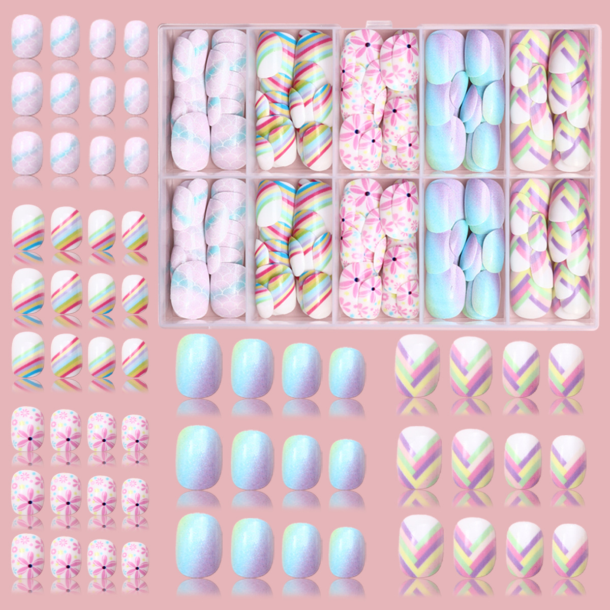 Nuevo niño impresión UV desgaste de uñas 120 piezas de caja de uñas falsas lindas dibujos animados mezclados parches de uñas