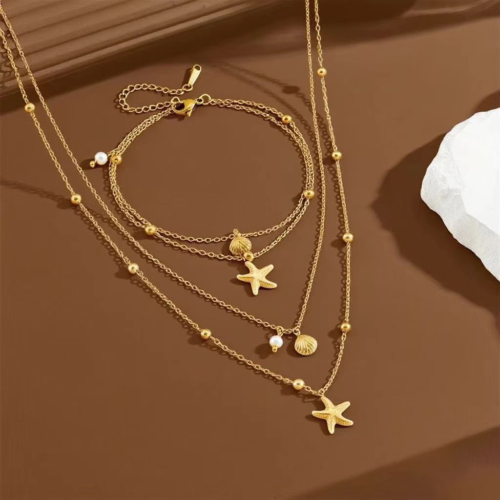 Ocean Shell Starfish Pearl Necklace And Anklet Set Stainless Steel_voghion.com
