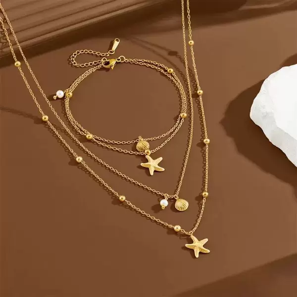2025 New European and American Style Stainless Steel Ocean-Themed Shell, Starfish, and Pearl Necklace and Anklet Fashion Jewelry Set