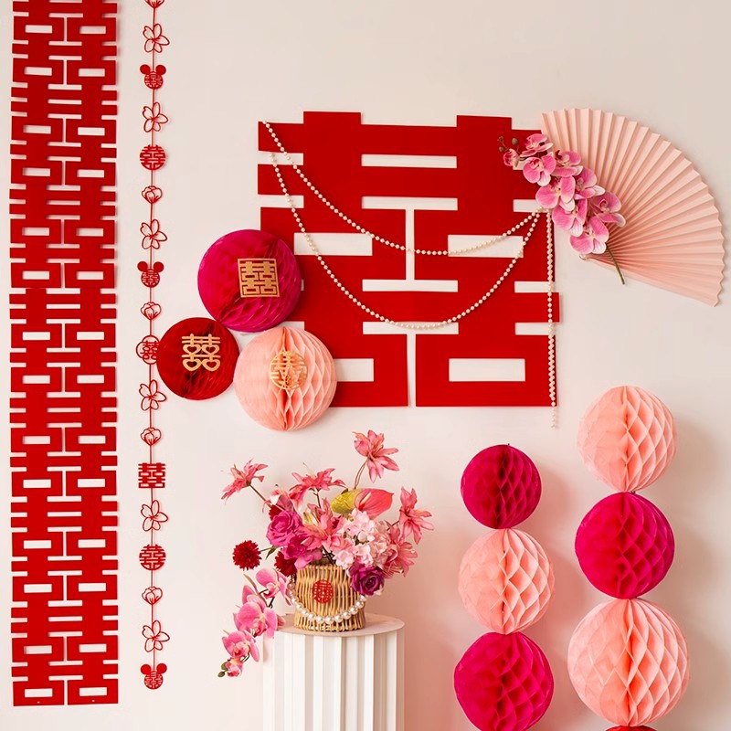 Marriage room background wall double happiness decoration wedding celebration bedroom scene honeycomb ball wedding hall arrangement