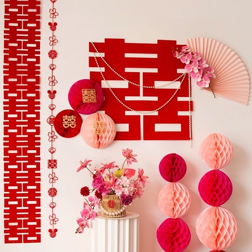 Marriage room background wall double happiness decoration wedding celebration bedroom scene honeycomb ball wedding hall arrangement