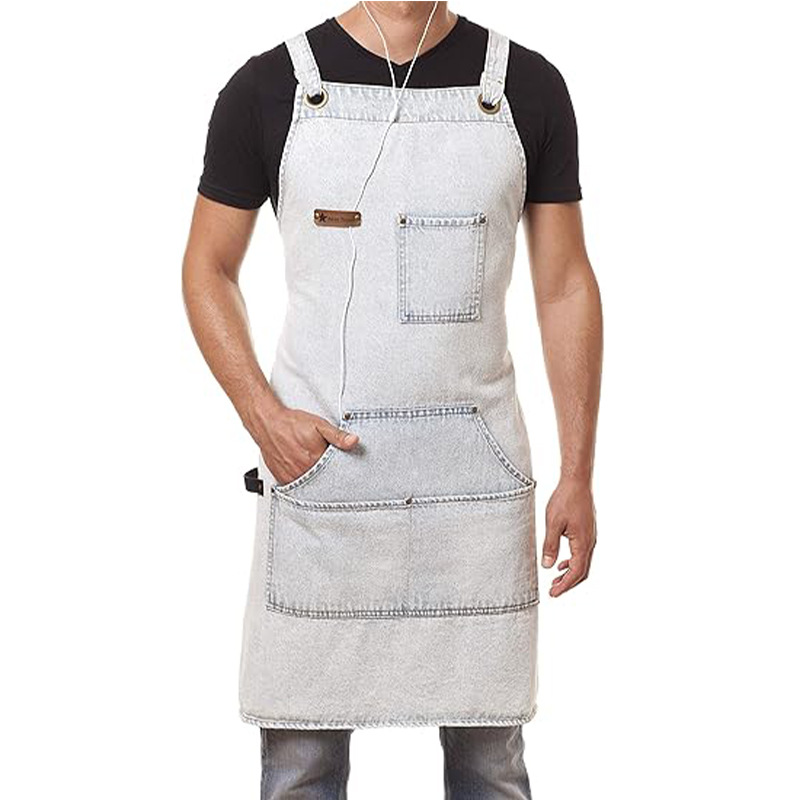 Nuevo delantal de mezclilla de Amazon transfronterizo logotipo personalizado barbero ropa de trabajo delantal de cocina de múltiples bolsillos al por mayor