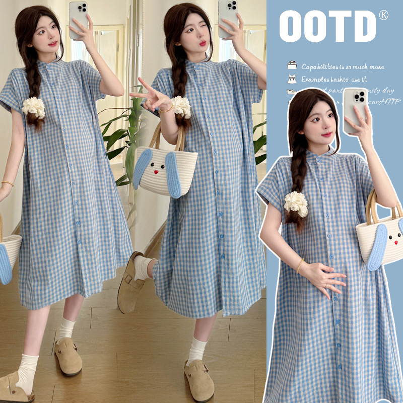 Real Shot of Elegant 2025 New Summer Maternity Wear Plaid Cotton Single-Breasted Short-Sleeved Loose Dress