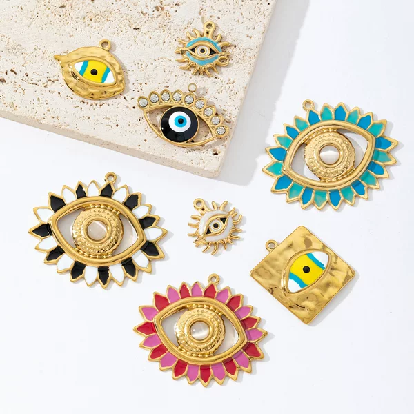 Cross-border stainless steel DIY jewelry accessories, including colorful, oil-drop-style evil eye pendants for necklaces, earrings, bracelets, and charms