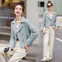 秋季新款皮衣外套女小个子短款机车服时尚气质西装领PU皮夹克上衣