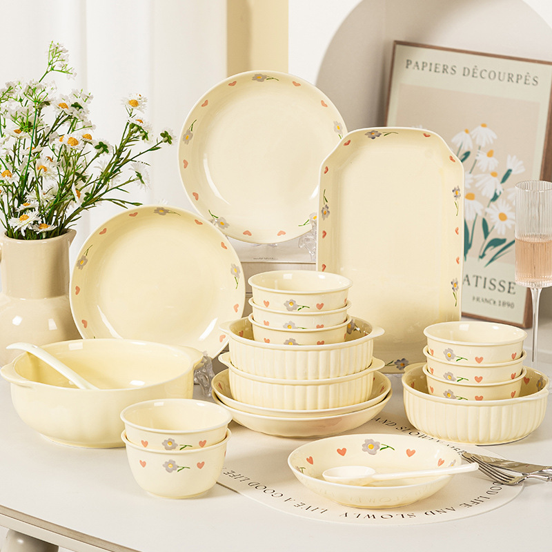 Underglaze Color Cream Style Light Luxury High Beauty Value Fresh Rice Noodle Soup Bowl Round Deep Plate Ceramic Tableware suit Household