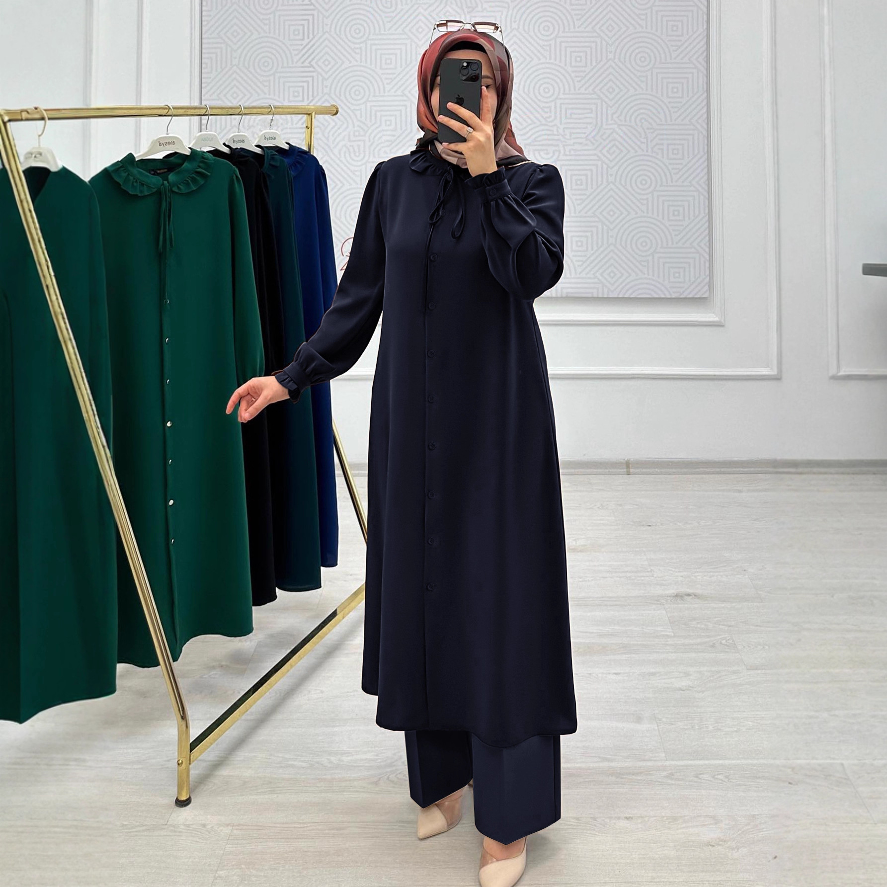 Amazon's best-selling long-sleeved drawstring neck shirt + wide-leg pants casual and elegant set, solid color women's suit.