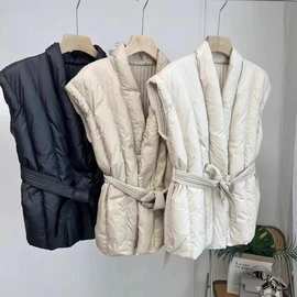 韩国2023冬装V领设计感系带加厚针织拼接白鸭绒马甲无袖羽绒服女