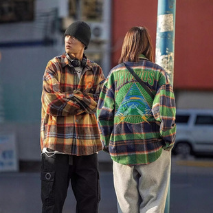 Japanese Style Trendy Plaid Shirt Men's Loose Trendy Brand Eyeball Embroidered Jacket Heavy Shirt Couple's Coat Trendy New Style