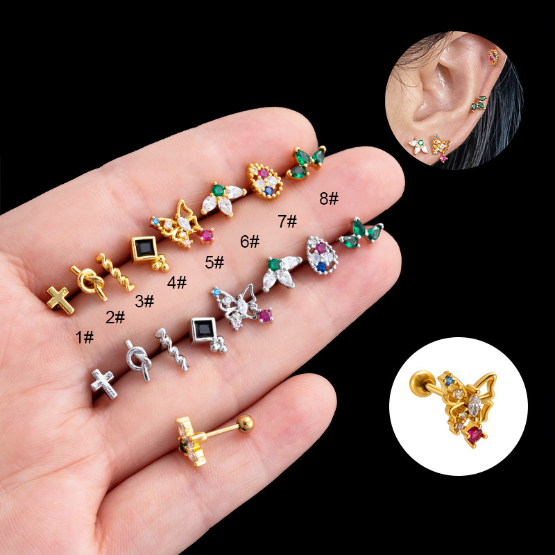 Pendientes de moda Henson con doble varilla roscada de acero inoxidable de 0,8" de grosor y cruz lisa con circonitas de colores._voghion.com