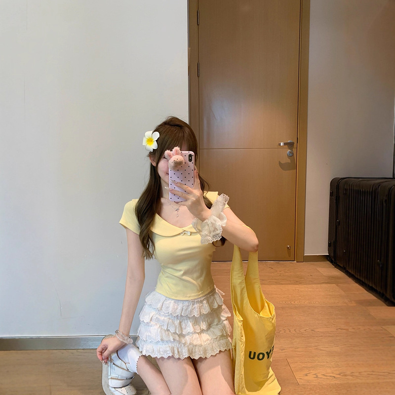 Pure Desire Style Milk Yellow Doll Collar Short Sleeve T-Shirt for Women Summer 2025 Slim Fit Short Sleeve Petite Regular Shoulder Top Ins