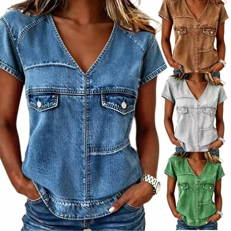 2026 Cross-Border Summer Independent Site Amazon European and American Women's Retro Faux Denim 3D Printed New Comfortable T-Shirt 2026 Cross-Border Summer Independent Site Amazon European and American Women's Retro Faux Denim 3D Printed New Comfortable T-Shirt