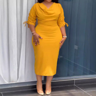 2024 plus size women's autumn and winter new dress Amazon independent station solid color drawstring split skirt