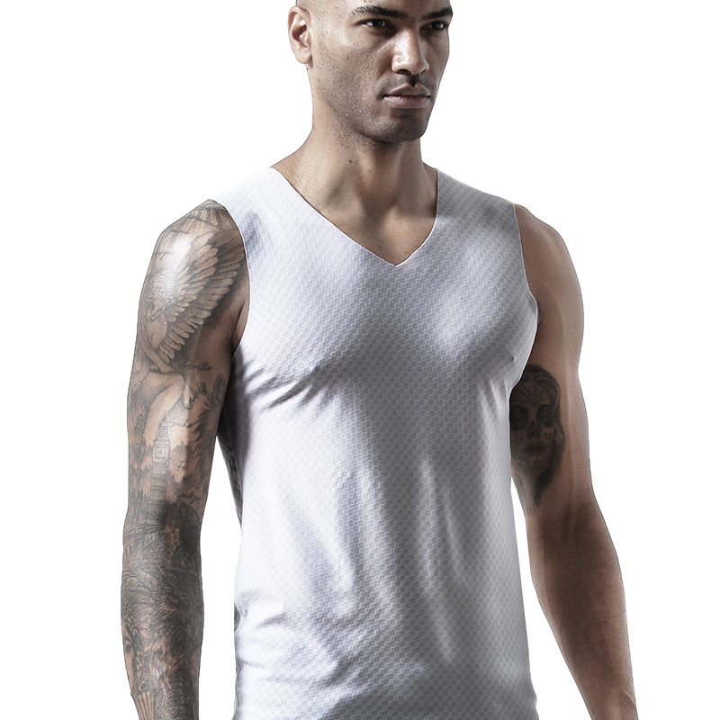Men's Vest Ice Silk Seamless Men's Summer Slim-fit V-neck Sweatshirt Youth Sports Hurdle Sleeveless Underwear Base Shirt
