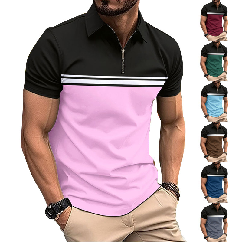 Sommer-Poloshirt für Herren mit modischem Reißverschluss und kurzen Ärmeln in Kontrastfarbe_voghion.com