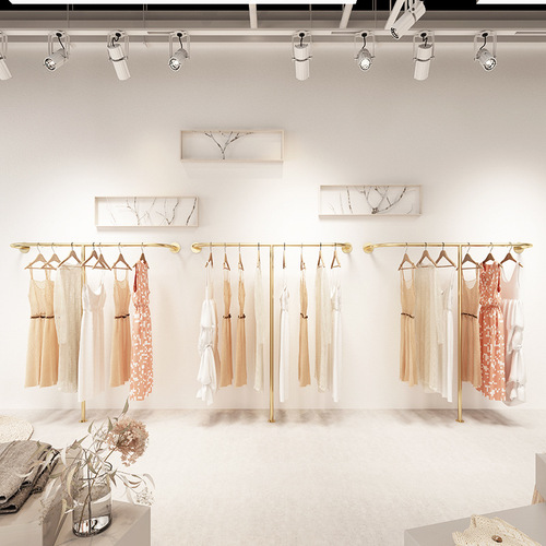 Golden clothing store display rack wall-mounted hanging rods against the wall combination hanging women's clothing store shelves