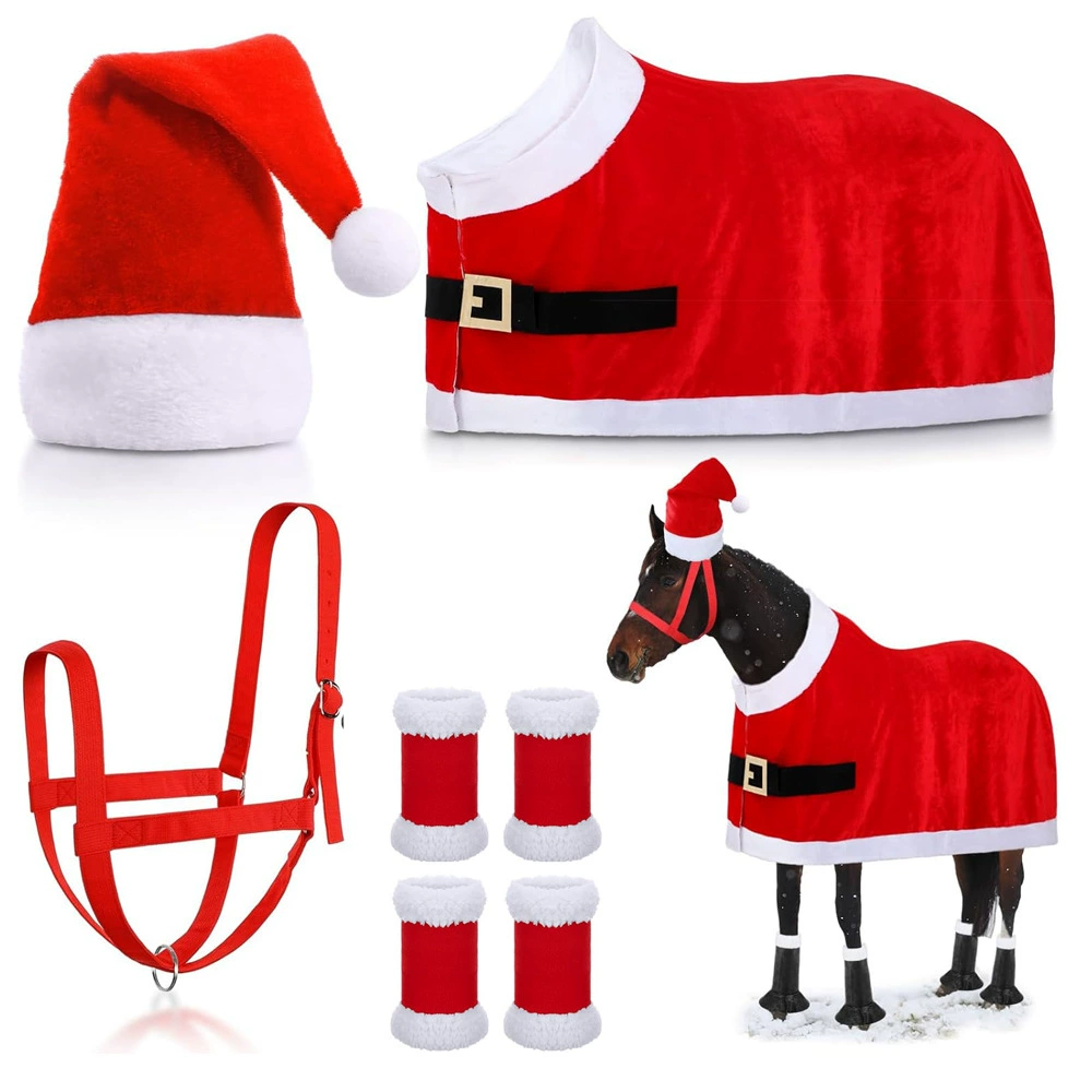 Новый рождественский конный плащ красный плюшевый конский шапка для ног поводья