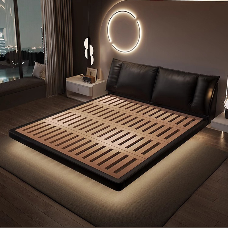 Cama de suspensión minimalista italiana, cama principal, cama de matrimonio, cama doble moderna y minimalista, cama de cuero negro de 2 * 2.2m