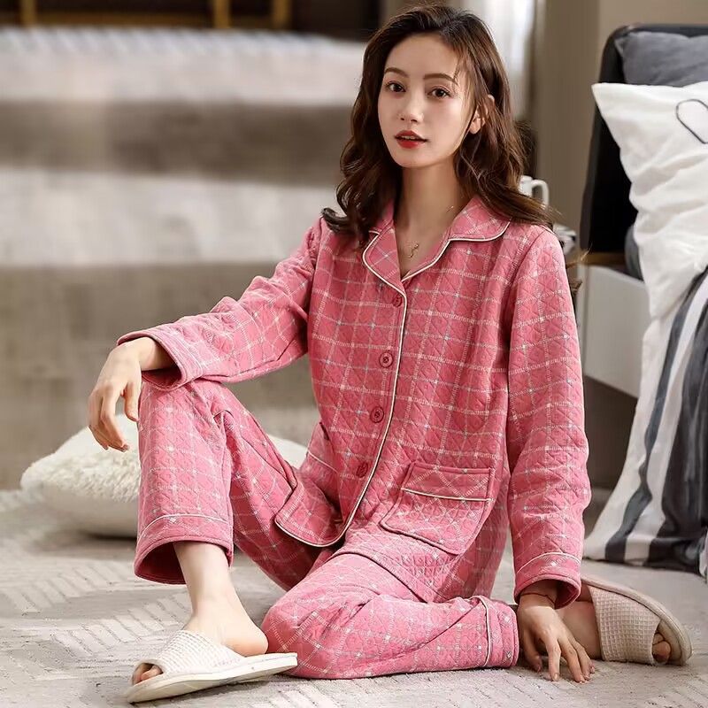 100% pijamas de algodón para mujer Otoño e Invierno de manga larga engrosada primavera y otoño mamá entresuelo ropa para el hogar traje delgado de invierno