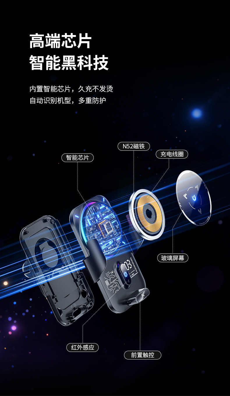 Cross-Border New Model Car-Mounted Wireless Charging Magnetic Holder with 15W Fast Charging, 90-Degree Rotating Button, N52 Magnetic Phone Stand