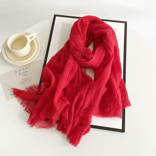 Cross-border cotton and linen scarf for women, new solid color scarf, summer sun protection, breathable shawl, retro rough edge silk scarf