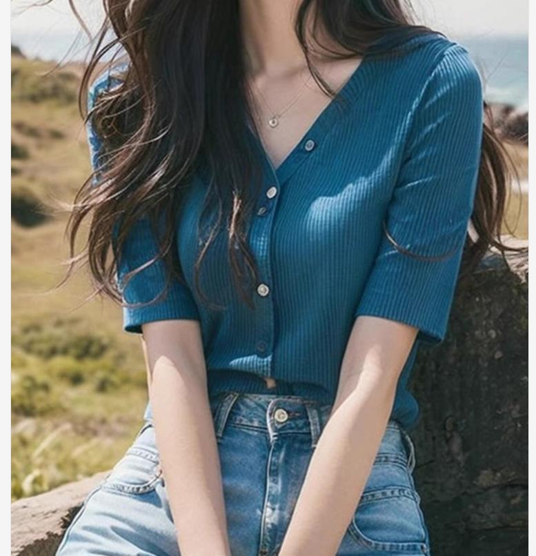 Áo cardigan dệt kim lụa băng màu xanh Dopamine cổ chữ V tay ngắn mùa hè — Màu như hình chi tiết 3