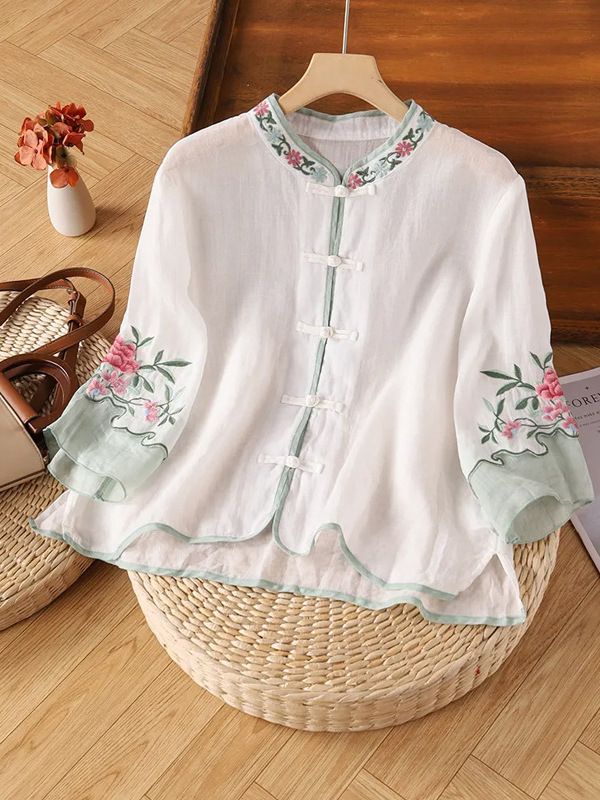 Summer Cotton and Linen Retro Embroidered Shirt Women's Button Cardigan Shirt Slimming Cropped Top Chinese Style Loose