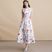 欧美风印花圆领无袖连衣裙女优雅小众生日宴会收腰蓬蓬大摆裙