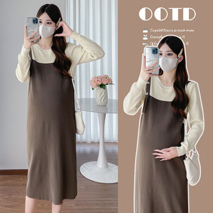 Real Shot Fake Two-piece Maternity Dress New Autumn and Winter Knitted Sweater Maternity Dress