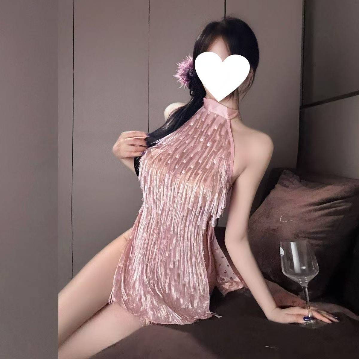 Glittering Gradient Crystal Tassel Lingerie Dress Set with White Bodystocking — detail image 3