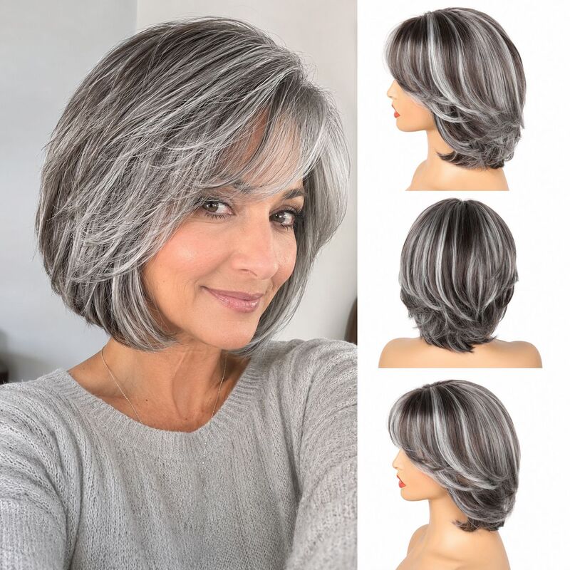Cross-Border European and American Women's Wigs, Gray-White Mixed Color Short Curly Granny Gray Short Hair, Fluffy Synthetic Fiber Wigs, Xuchang Manufacturer Cross-Border European and American Women's Wigs, Gray-White Mixed Color Short Curly Granny Gray Short Hair, Fluffy Synthetic Fiber Wigs, Xuchang Manufacturer