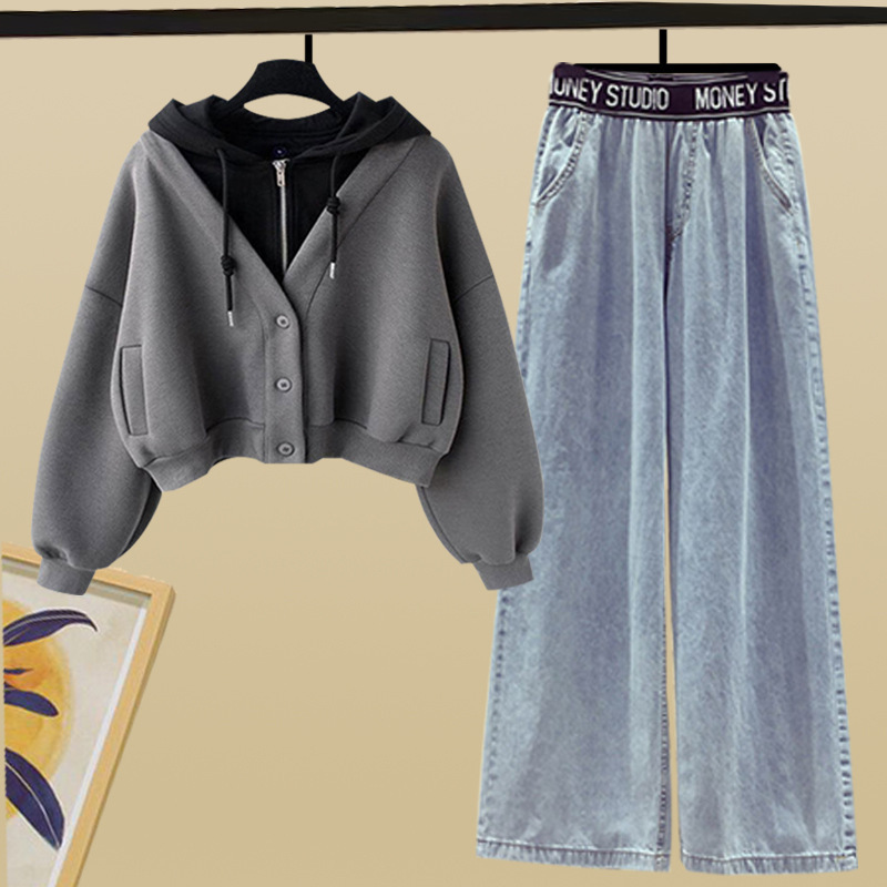 Damenbekleidung Jeansanzug & Archer0603 & zweiteiliger kurzer Kapuzenpullover Herbst-Damen-Spleißen mit schmaler und vielseitiger Wischhose mit weitem Bein_voghion.com