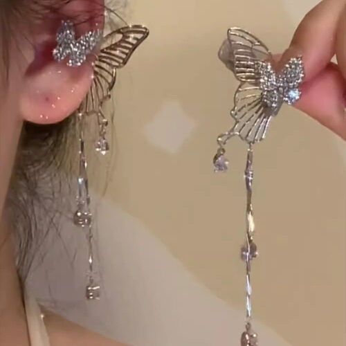 Sweet and cool butterfly tassel ear bone clip without pierced ears for women niche design new front and back style round face  new style