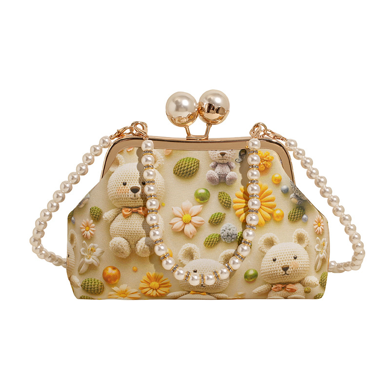 Bolso de mujer 2025 nueva impresión de tela lindo oso bolsa de cena concha de cadena de perlas bolso de mochila