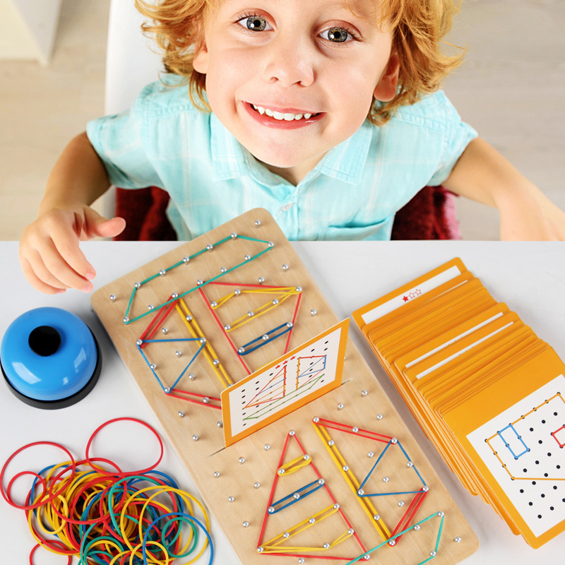 Los niños educativos de madera de doble batalla tablero de uñas figura geométrica creativa banda de goma Montessori material didáctico juguetes educativos