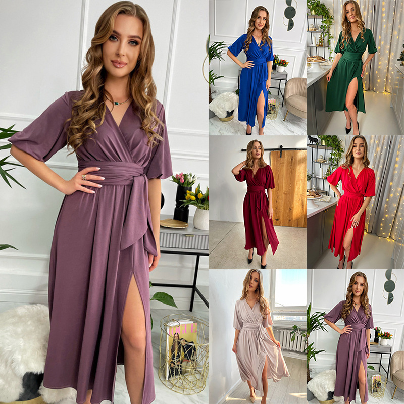 2023 cross-border foreign trade new ladies solid color V-neck lantern sleeve waist long lace-up split long dress 2023 cross-border foreign trade new ladies solid color V-neck lantern sleeve waist long lace-up split long dress